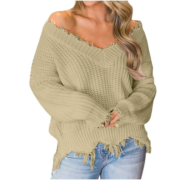 Htigea Womens Off the Shoulder Sweater Solid V Neck Long Sleeve Loose Knitted Pullover Ripped Crop Top Khaki XXXL