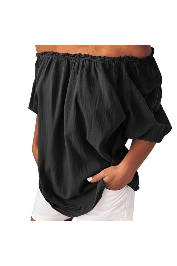 Womens Off the Shoulder T-Shirts Cotton Linen Puff Sleeve Tops Casual Loose Fit Tee Plus Size Summer Tunic Blouses Black XXL