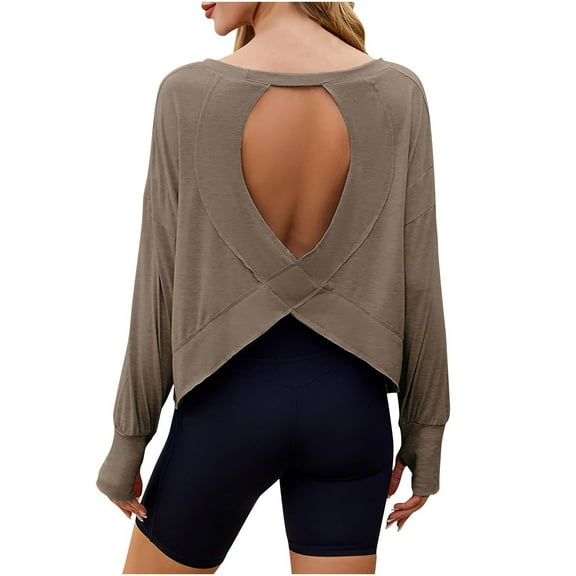 Htigea Womens Open Back Workout Top Long Sleeve Athletic Shirts Casual Loose Cropped Tee Y2k Yoga Shirts Khaki XL