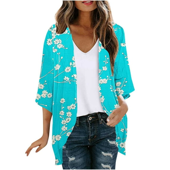 Htigea Womens Open Front Cardigan Casual 3/4 Sleeve Printed Cardigans Tops Soft Comfy Lightweight Chiffon Cardigan B Multicolor,M