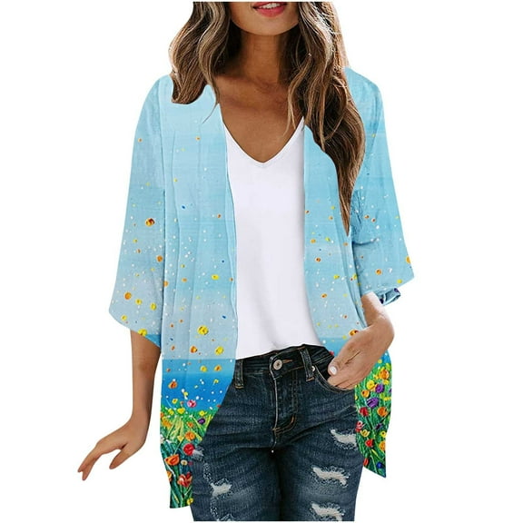 Htigea Womens Open Front Cardigan Casual 3/4 Sleeve Printed Cardigans Tops Soft Comfy Lightweight Chiffon Cardigan Multicolor,L