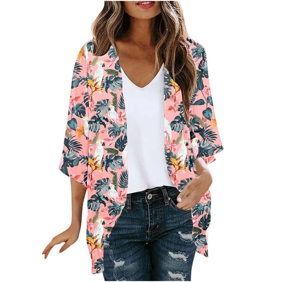 Htigea Womens Open Front Cardigan Chiffon Thin Cardigans Casual Comfy 3/4 Sleeve Kimono Cardigans F Multicolor,L