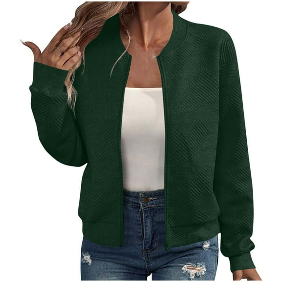 Htigea Womens Outdoor Jackets Full Zip Up Bomber Jacket Textured Long Sleeve Outerwear Coats Army Green L