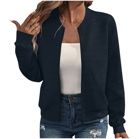 Htigea Womens Outdoor Jackets Full Zip Up Bomber Jacket Textured Long Sleeve Outerwear Coats Navy M