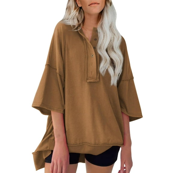 Htigea Womens Oversized 3/4 Sleeve Shirts Casual Button Down Henley Top Loose Breathable Three Quarter Sleeves Summer Tees Brown,2XL