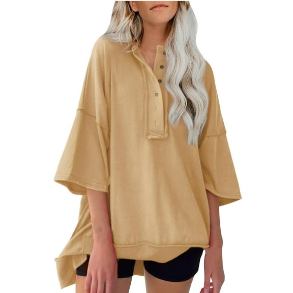 Htigea Womens Oversized 3/4 Sleeve Shirts Casual Button Down Henley Top Loose Breathable Three Quarter Sleeves Summer Tees Yellow,S