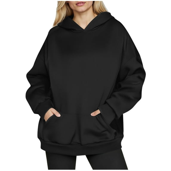 Htigea Womens Oversized Hoodies Fleece Pullover Sweatshirts Solid Color Casual Loose Fit Tops Cozy Kangaroo Pocket Sweatshirt Black S