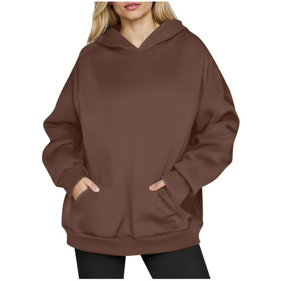 Htigea Womens Oversized Hoodies Fleece Pullover Sweatshirts Solid Color Casual Loose Fit Tops Cozy Kangaroo Pocket Sweatshirt Brown M