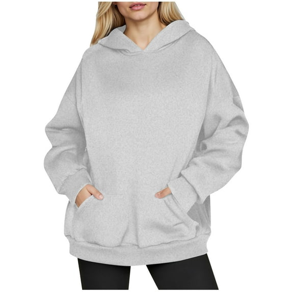 Htigea Womens Oversized Hoodies Fleece Pullover Sweatshirts Solid Color Casual Loose Fit Tops Cozy Kangaroo Pocket Sweatshirt Gray XL