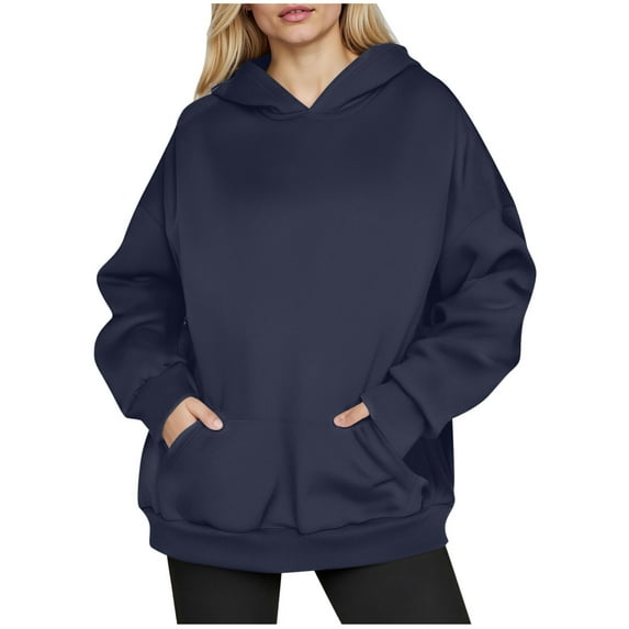 Htigea Womens Oversized Hoodies Fleece Pullover Sweatshirts Solid Color Casual Loose Fit Tops Cozy Kangaroo Pocket Sweatshirt Navy XL
