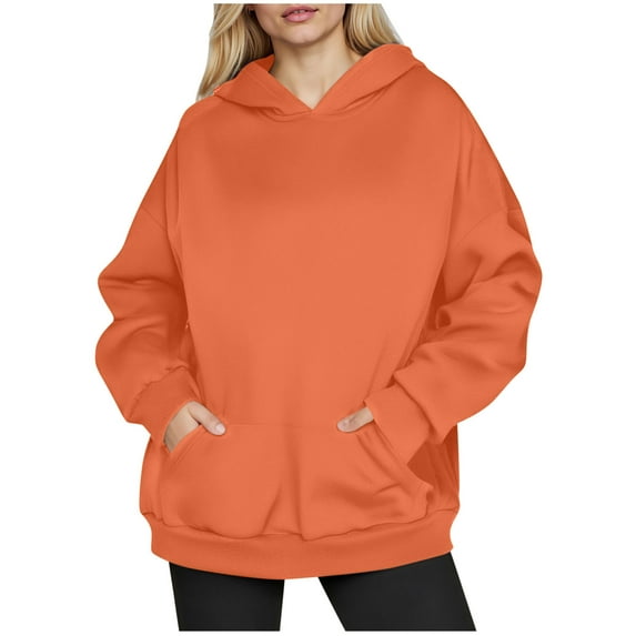 Htigea Womens Oversized Hoodies Fleece Pullover Sweatshirts Solid Color Casual Loose Fit Tops Cozy Kangaroo Pocket Sweatshirt Orange S