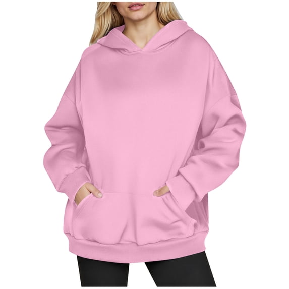 Htigea Womens Oversized Hoodies Fleece Pullover Sweatshirts Solid Color Casual Loose Fit Tops Cozy Kangaroo Pocket Sweatshirt Pink XL