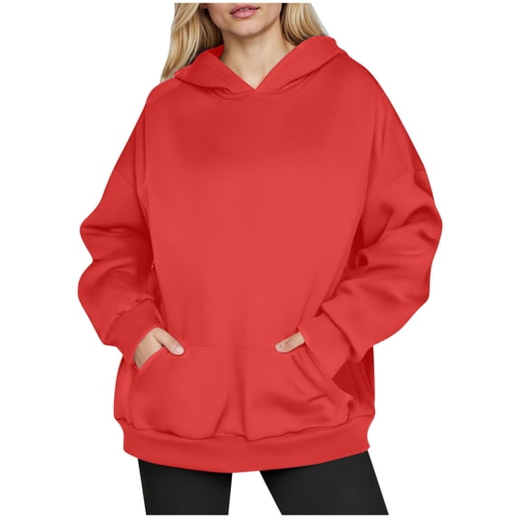 Htigea Womens Oversized Hoodies Fleece Pullover Sweatshirts Solid Color Casual Loose Fit Tops Cozy Kangaroo Pocket Sweatshirt Red L
