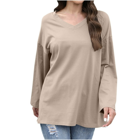 Htigea Womens Oversized Long Sleeve Tops Cotton V-Neck Shirts Casual Loose Fit Tunic Tee Fall Basic Pullover Tshirts Khaki XXL