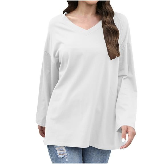 Htigea Womens Oversized Long Sleeve Tops Cotton V-Neck Shirts Casual Loose Fit Tunic Tee Fall Basic Pullover Tshirts White S