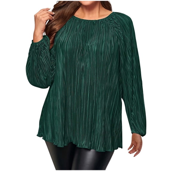 Htigea Womens Oversized Shirts Loose Casual Crewneck Pullover Long Sleeve Blouses Pleated Ruffle Hem Flowy Tops Green XXXXXL