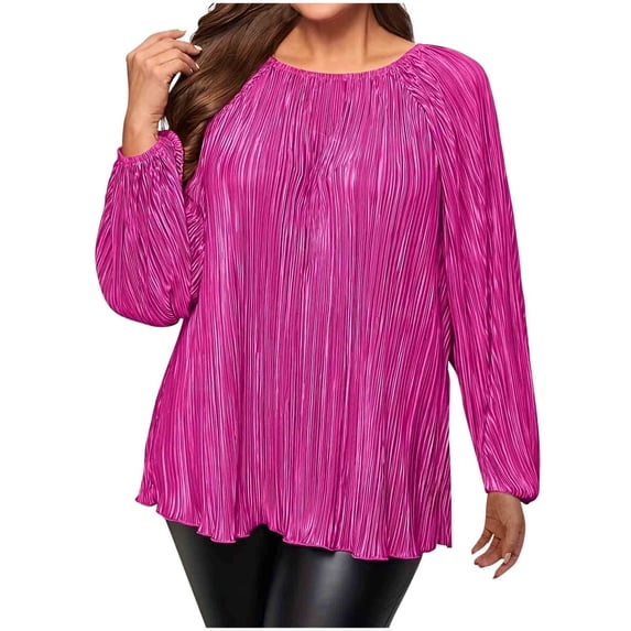 Htigea Womens Oversized Shirts Loose Casual Crewneck Pullover Long Sleeve Blouses Pleated Ruffle Hem Flowy Tops Pink XXXXXL