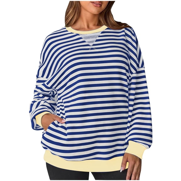 Htigea Womens Oversized Sweatshirts Crewneck Long Sleeve Striped Tops Casual Loose Fit Pullover Y2K Shirts Fall Workout Sweatshirt Yellow S