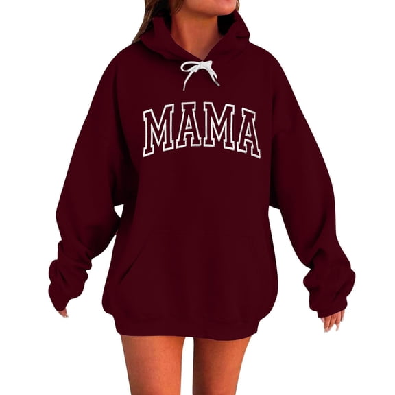 Htigea Womens Oversized Sweatshirts Trendy Letter Print Pullover Hoodies with Pocket Drawstring Hooded Pullover Casual Loose Fall Tops Wine S