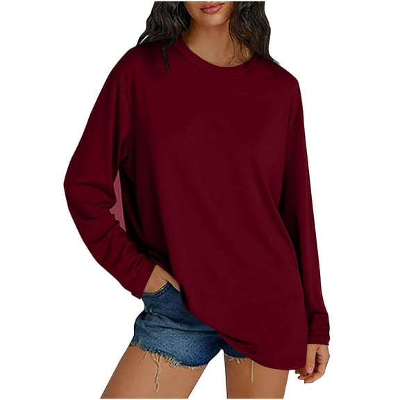 Htigea Womens Oversized T Shirts Crewneck Long Sleeve Tops Casual Loose Fall Pullover Solid Color Basic Tee Red S