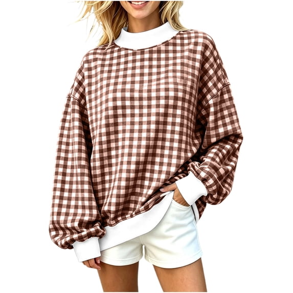 Htigea Plaid Sweatshirt for Women Mock Neck Long Sleeve Tops | Preppy Oversized Y2k Pullover, Aesthetic Drop Shoulder, Baggy, Casual, School, Going Out, Street, Fall Outfits Brown M