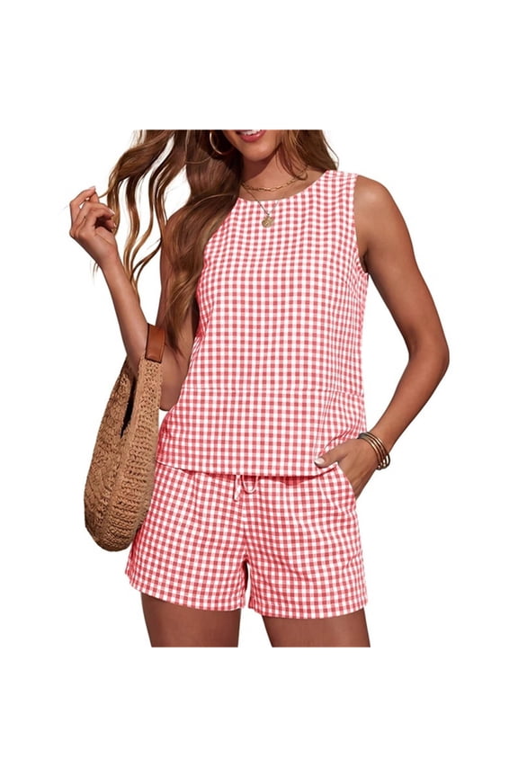 Womens Plaid 2 Piece Sets Casual Sleeveless Tank Top Shorts Matching Outfits Summer Loungewear Pink M
