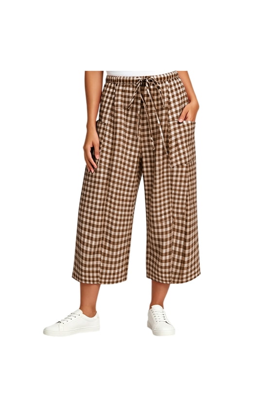 Womens Plaid Capri Pants Summer Wide Leg Lounge Pant Lightweight Elastic Waist Drawstring Slacks with Pockets Coffee XXL