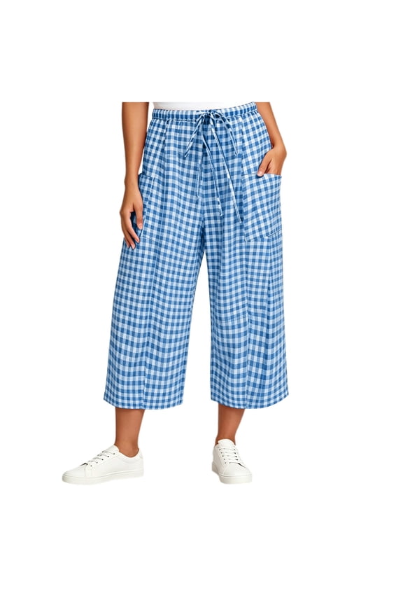 Womens Plaid Capri Pants Summer Wide Leg Lounge Pant Lightweight Elastic Waist Drawstring Slacks with Pockets Light Blue M