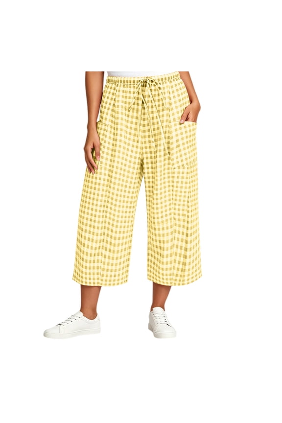 Womens Plaid Capri Pants Summer Wide Leg Lounge Pant Lightweight Elastic Waist Drawstring Slacks with Pockets Yellow M