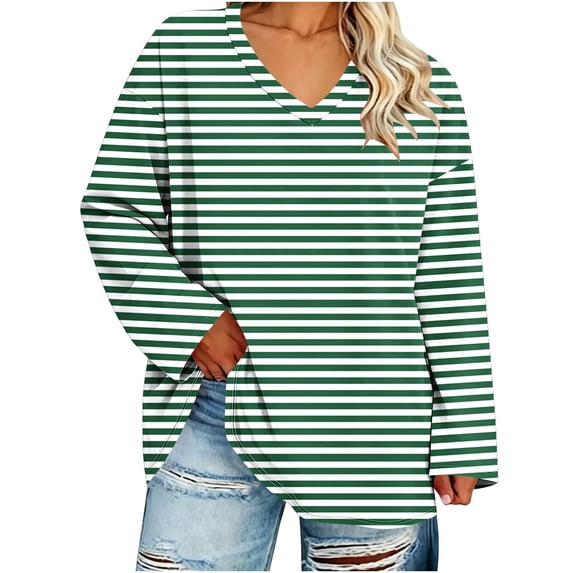 Htigea Womens Plus Size Striped Tops Fall Long Sleeve V Neck T Shirts Loose Fit Casual Oversized Tshirts Everyday Wear Army Green XXXXXL