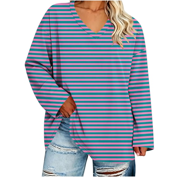 Htigea Womens Plus Size Striped Tops Fall Long Sleeve V Neck T Shirts Loose Fit Casual Oversized Tshirts Everyday Wear Hot Pink XXL