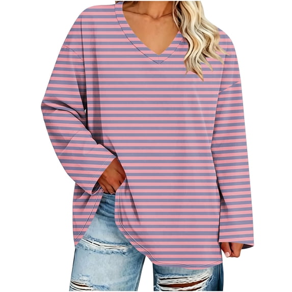 Htigea Womens Plus Size Striped Tops Fall Long Sleeve V Neck T Shirts Loose Fit Casual Oversized Tshirts Everyday Wear Pink L