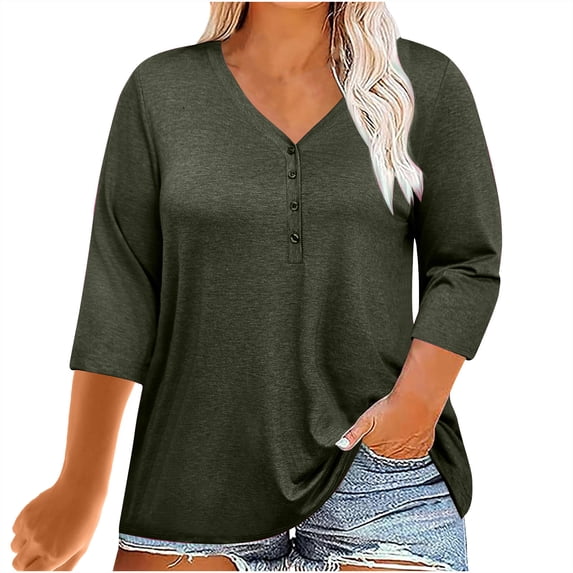 Htigea Womens Plus Size Tops V Neck 3/4 Sleeve Shirts Casual Loose Tunic Tops Button Pullover Summer Blouses Army Green,3XL