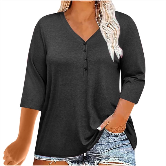 Htigea Womens Plus Size Tops V Neck 3/4 Sleeve Shirts Casual Loose Tunic Tops Button Pullover Summer Blouses Dark Gray,3XL