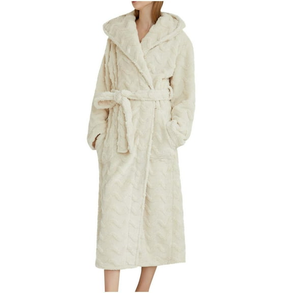 Htigea Womens Plush Hooded Robe Warm Flannel Shower Bathrobe Soft Comfy Home Loungewear Warm Winter Nightgown Sleepwear Beige,XL