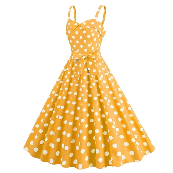 Htigea Womens Polka Dot A-Line Dress Vintage Cocktail Party Swing Dresses Summer Sleeveless Elastic Open Back Sundress Yellow,M