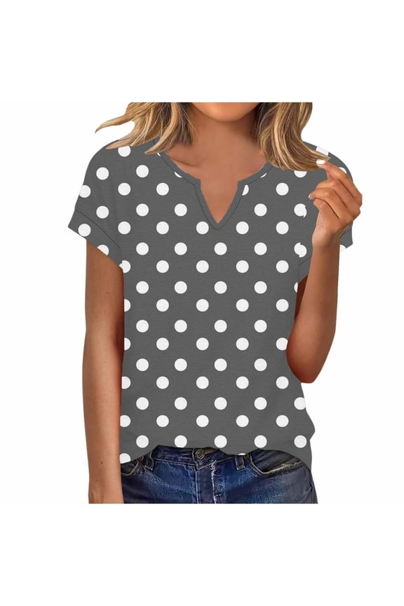Womens Polka Dot T Shirts Short Sleeve V Neck Tops Summer Casual Loose Basic Tee Shirt Gray XXL
