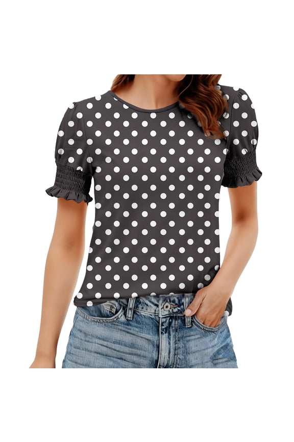 Womens Polka Dot Tshirt Summer Ruffle Puff Sleeve Shirts Casual Crewneck T Shirt Summer Vacation Blouse Top Black S