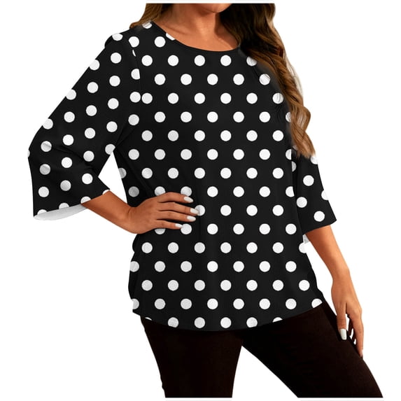 Htigea Womens Polka Dots T-Shirts 3/4 Sleeve Crewneck Shirts Casual Loose Fit Tees Plus Size Tunic Tops Black XL