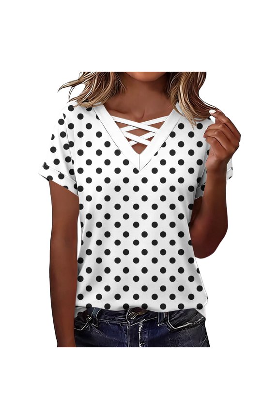 Womens Polka Dots T Shirts Short Sleeve V-Neck Crisscross Tops Summer Tees Soft Comfortable Everyday Blouses White XXL