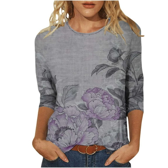Htigea Womens Printed Shirts 3/4 Sleeve Crewneck Tops Casual Basic Pullover Tunic Tees Loose Breathable Tshirts Black,3XL