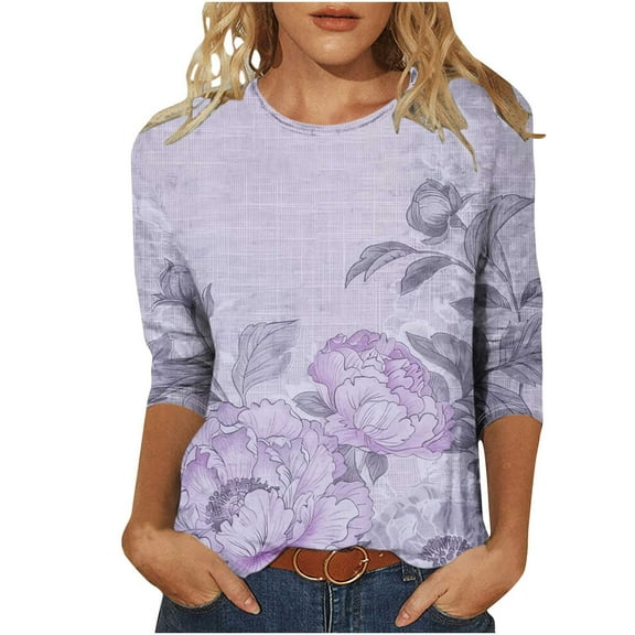 Htigea Womens Printed Shirts 3/4 Sleeve Crewneck Tops Casual Basic Pullover Tunic Tees Loose Breathable Tshirts Purple,3XL