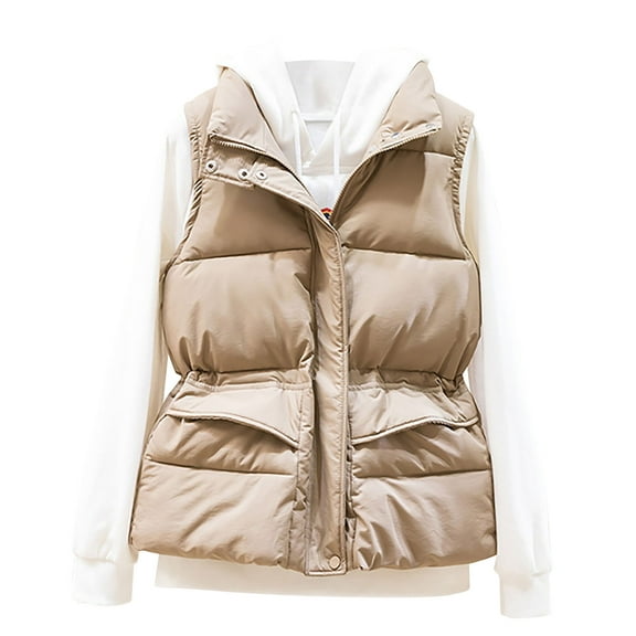 Htigea Womens Puffer Vest Solid Sleeveless Zip Up Stand Collar Jacket Lightweight Jackets Fall Winter Warm Coats with Pockets Khaki L