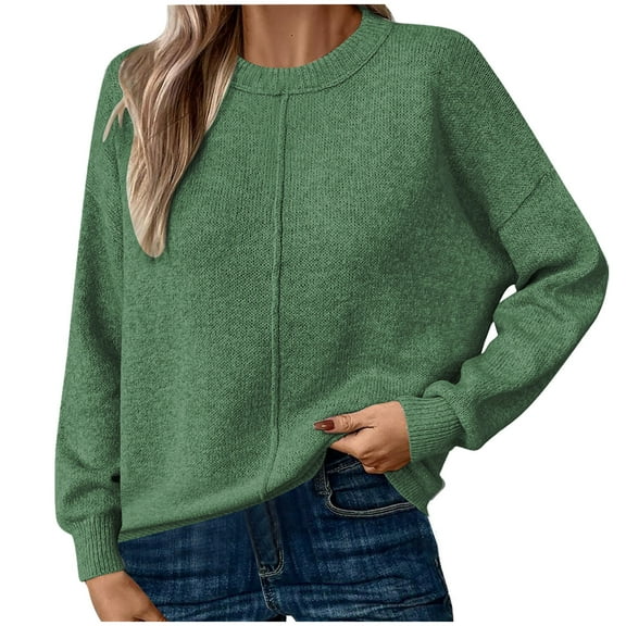 Htigea Womens Pullover Sweaters Solid Casual Loose Fit Knitwear Fall Winter Long Sleeve Pullover Tops Green S