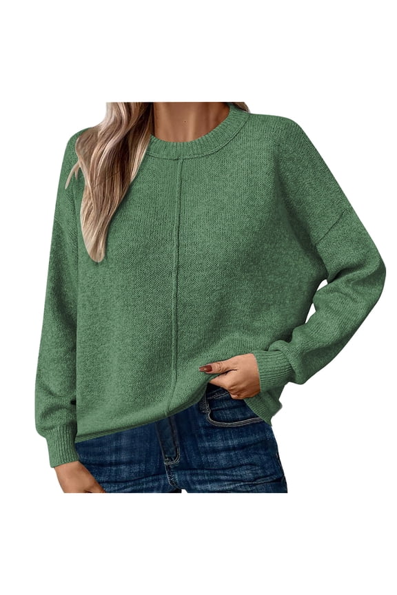 Womens Pullover Sweaters Solid Casual Loose Fit Knitwear Fall Winter Long Sleeve Pullover Tops Green XL