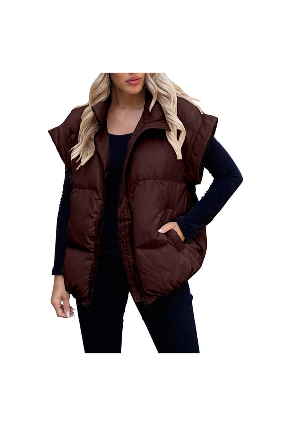 Womens Quilted Puffer Vest Lightweight Stand Collar Sleeveless Jackets Casual Loose Fit Coats with Pockets Wine M