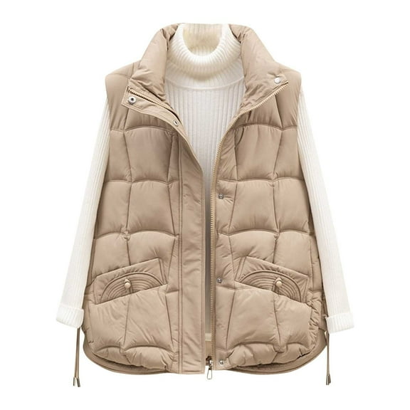 Htigea Womens Quilted Vest Lightweight Sleeveless Jacket with Pockets Stylish Zip Up Stand Collar Outerwear Khaki M