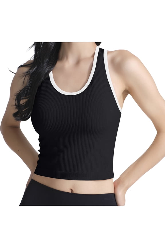 Womens Racerback Tank Top with Built in Bra Ribbed Sleeveless Crop Tee Slim Running Athletic Gym Shirts Black M