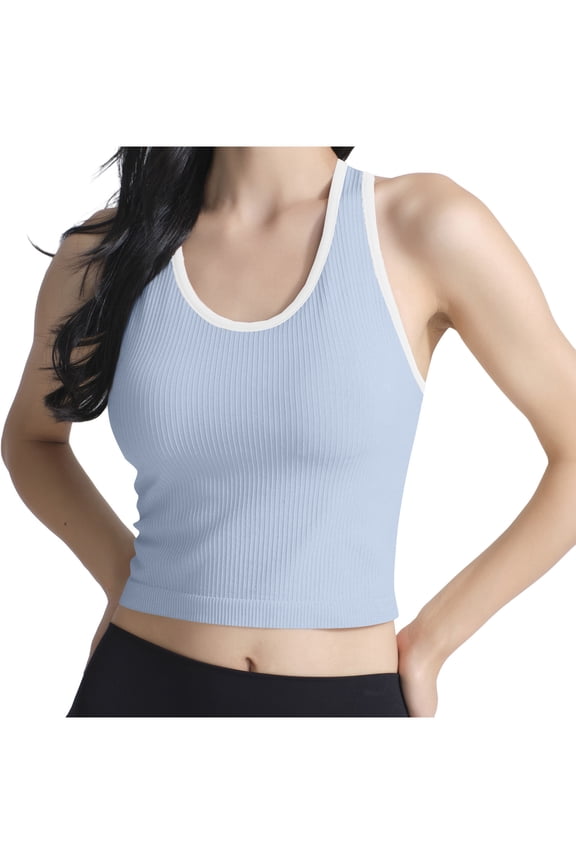 Womens Racerback Tank Top with Built in Bra Ribbed Sleeveless Crop Tee Slim Running Athletic Gym Shirts Light Blue M