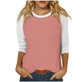 thumbnail image 1 of Htigea Womens Raglan 3/4 Sleeve Crewneck Tops Fashion Patchwork Blouse Casual Loose Comfy Shirt Lightweight Baseball Sport Tshirt Pink,XL, 1 of 7